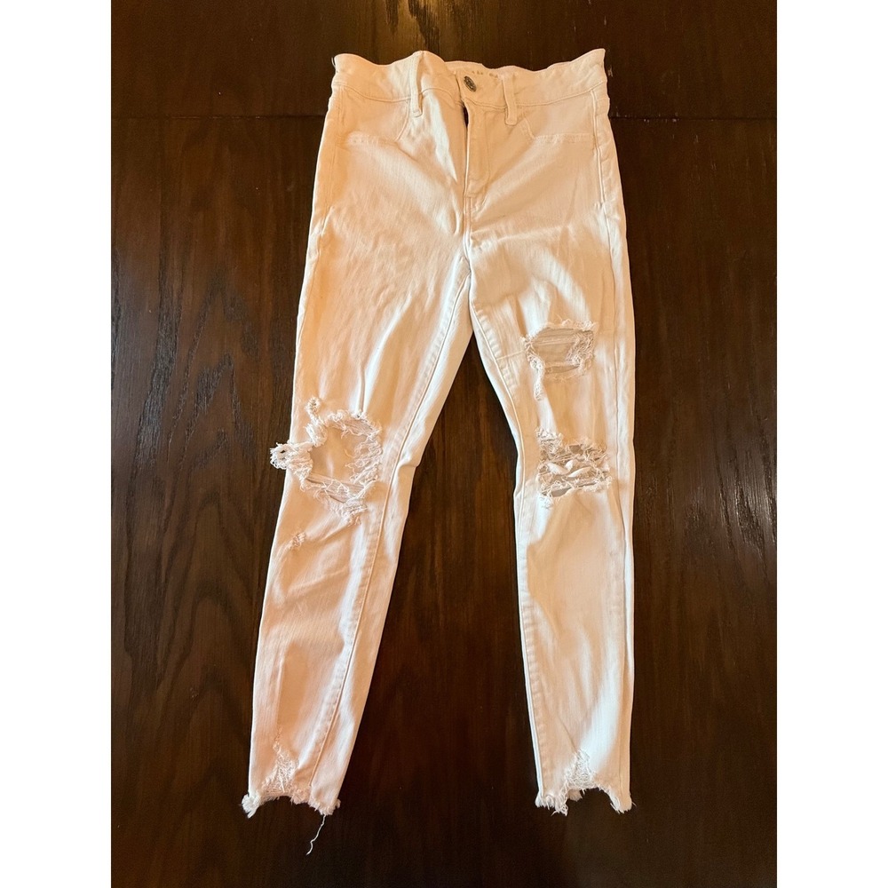 American Eagle Skinny Jeans Women 10 White Excellent Distressed Raw Hem Stretch